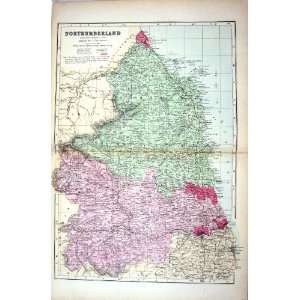  Bacon Antique Map 1883 Northumberland Newcastle England 