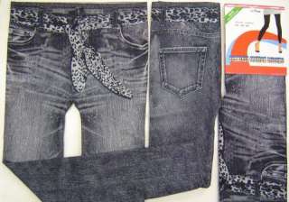 Womens Black Denim Jeans Print Stretch Leggings Tights  