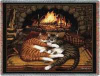  by Charles Wysocki ~ Kitty Cats by Fireplace Tapestry Pillow  