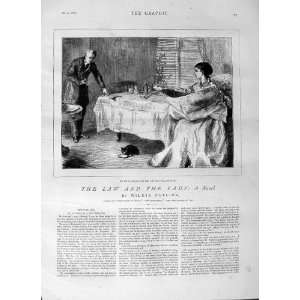   1875 HOME LADY NEWSPAPER MAN TABLE CAT ANTIQUE PRINT