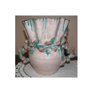  Kansan Mary Short Large Ruffled Applied Rose Vase Signed 