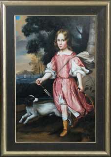   master Antique oil painting Portrait small boy and dog 24x36  