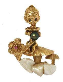 RUSER SIGNED 14K GOLD PEARLS RUBY & DIAMOND ANGEL CHAERUB PIN BROOCH 