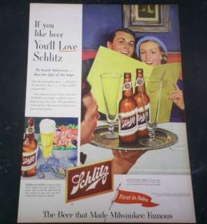 1953 Ad Schlitz Beer Not Bitter Sweet Kiss Hops Quarts  