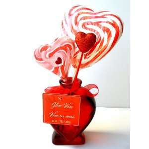   Glass Heart Shaped Vase With 2 Jumbo Swirl Lollipops and Heart Pick