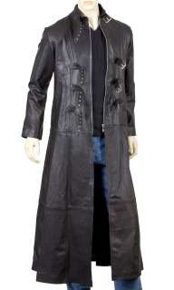 Mens Leather Goth Full Length Coat with Three Buckles and Open Front 