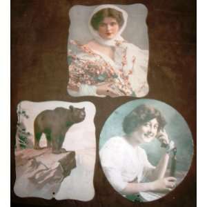  Set of 3 Victorian Paper Fans (1890s) Lady with Flowers 