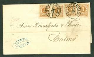 SWEDEN 1877 3ore (Sc #17) x4 tied Stockholm on folded letter to Malmo 