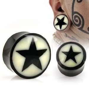 Natural Buffalo Horn Solid Double Flare Plugs with Bone Star Inlay   1 