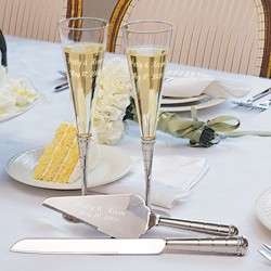 Wedding Cake Engraved Serving Server Set & Flutes  