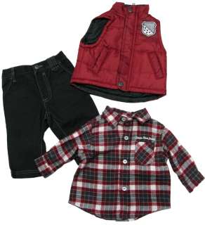 CALVIN KLEIN Baby Plaid Flannel Shirt, Red Puff Vest & Dark Gray Jeans 