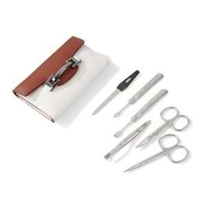 Stainless Steel Manicure Set in Bi color Cognac/White Leather Case by 