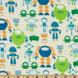  54 Wide I Heart Linen Blend Cute Bots Blue Fabric By The 