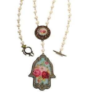Necklace Enhanced with Vintage Roses Cameo Hamsa Cameo Medallion, Faux 