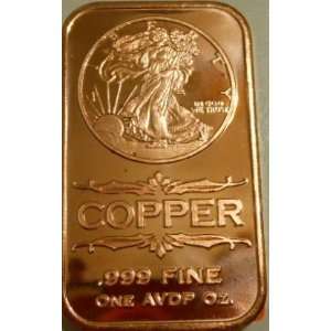  (10) Ten 1 Ounce .999 Copper Bullion Ignot Bars, Assorted 