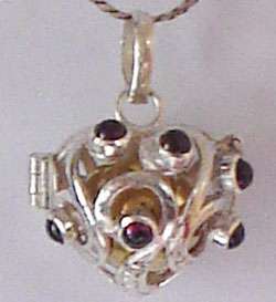 Silver Harmony Ball Garnet Heart Cage Pendant Necklace  