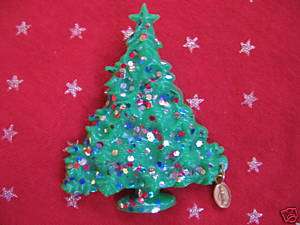GREEN CELLULOID CHRISTMAS TREE GLITTER PIN COLLECTIBLE  