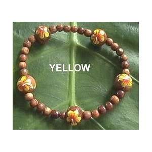  Hawaiian Koa Wood Hand Painted Flower Bracelet   Yellow 