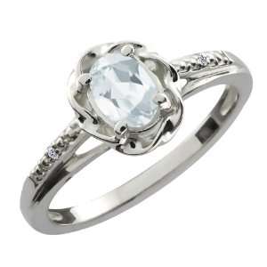   Oval Sky Blue Aquamarine White Diamond Sterling Silver Ring: Jewelry