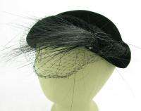 Vintage Ladies Womens Black Felt Cloche Hat Feather  