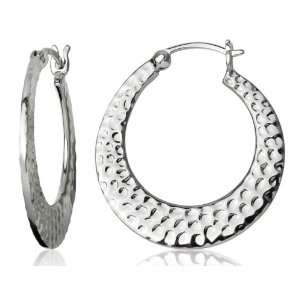   Silver High Polish Hammered Textured Flat Disc Hoop Earrings: Jewelry