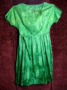 Vintage 1950s Green Satin Shirtwaist Dress~Extra Large!~Mad Men~Metal 