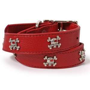  Skull and Cross Bones Leather Collar 16X3/4 RED: Pet 