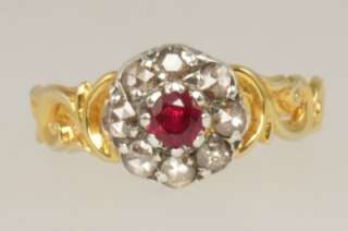 ANTIQUE 18CT GOLD & SILVER RUBY & DIAMOND CLUSTER RING  