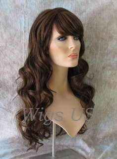 Wigs HEAT OK Human Blend Brown Auburn Mix Long Curl Bang Wig US Seller 