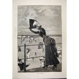 1887 Scheveningen Woman Waving Beach Scene Fine Art 