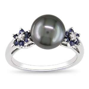  Black Tahitian Cultured Pearl with Diamond and Sapphire Accent Ring 