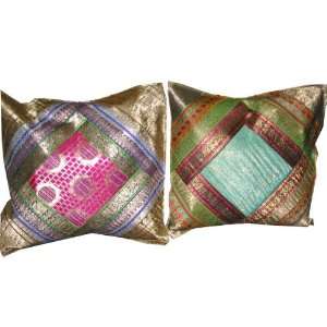  2 Golden Pink Cyan Vintage Sari Zari Borders Toss Pillow 