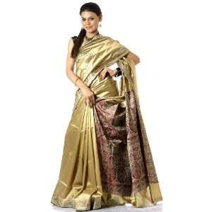  Plain Golden Banarasi Sari   Cotton Silk 