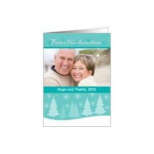   German Frohe Weihnachten Photo Cards Aqua Trees Snowflakes Card