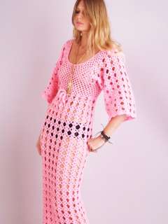 Vtg Pink SHERBET CROCHET Sheer Cutout Kimono BELL Slv Supermodel Maxi 