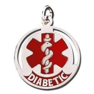 Sterling Silver Round Diabetic Medical ID Charm or Pendant W/ Red 