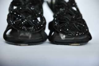 CHANEL Black Satin Beaded Sequin Strappy Open Toe High Heel Sandal 