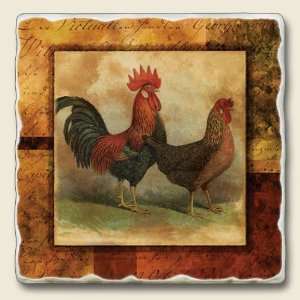  Hen & Rooster Tumbled Stone Coaster Set: Kitchen & Dining