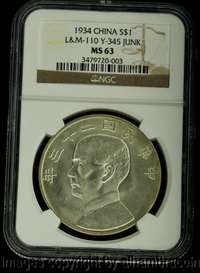 1934 China Silver Dollar Junk L&M 110 Y 345 NGC MS 63  