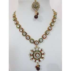  Mothers Day Gift  Red Green Meenakari Necklace Set with 