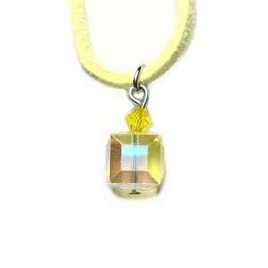 Lemon Drops Swarovski Crystal Cube Faceted Pendant with Suede Leather 