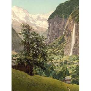 Vintage Travel Poster   Lauterbrunnen Valley with Staubbach Waterfall 