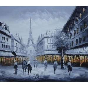  Paris Street to Eiffel Tower Black and White Oil Painting 