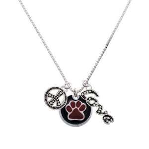  Maroon Paw on Black Disc, Peace, Love Charm Necklace 