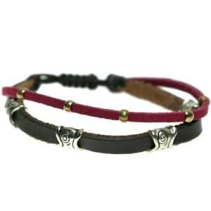   Red Suede, Brown Leather Zen Bracelet, Bali Beads, Adjustable Jewelry