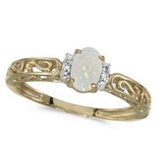 Opal & Diamond Filigree Antique Ring 14k Yellow Gold  