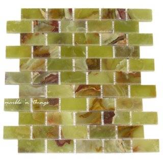 1x2 BRICK GREEN ONYX Polished Mosaic Tile Meshed on 12x12 sheets