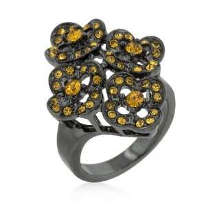  Black Rhodium Bonded Yellow Crystal Floral Ring Jewelry