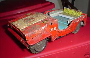 Vintage 1950s Tin Friction Fire Department Jeep Japan  