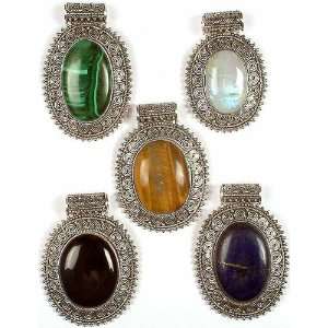 Five Oval Gemstone Pendants with Spirals(Malachite, Rainbow Moonstone 